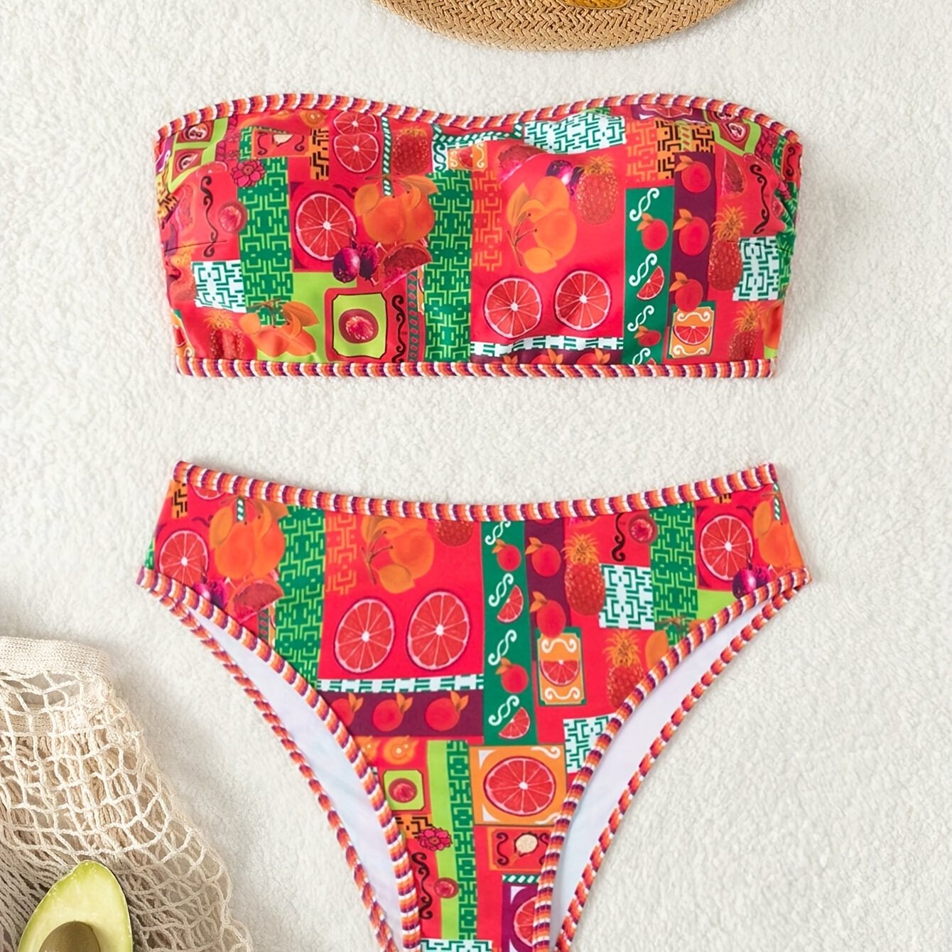 Vibrant Fruit Print High Cut Two-Piece Strapless Bikini Set - Fashionable Beachwear with Adjustable Straps, Padded Cups, and Ruffled Trim - Perfect Women's Summer Swimwear for Beach, Pool, or Vacation