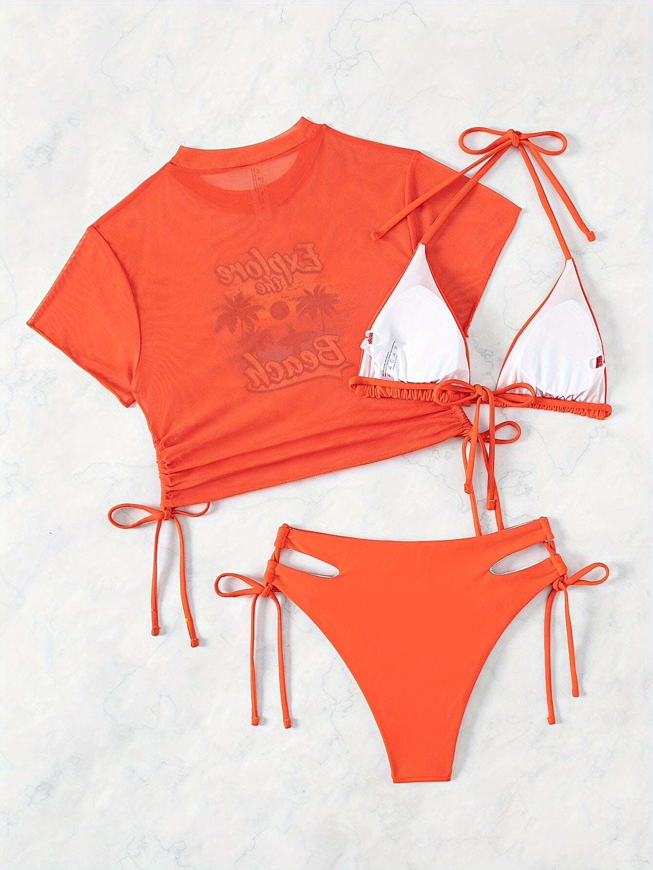Women's Bikini Set, Three-piece Swimsuit With Short Sleeve Cover-Up, High Cut Hollow-Out Tie Side Bottom, Sexy Swimwear, Beachwear