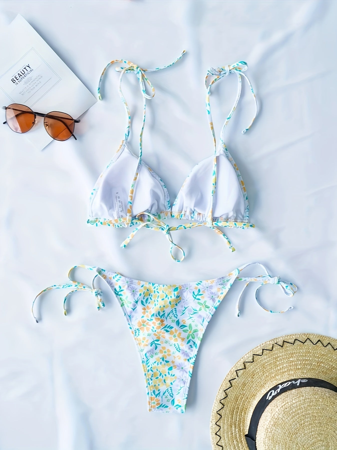 Women's Floral Bikini Set, Two-Piece Swimsuit With Tie Straps, Summer Beachwear, Adjustable Triangle Top, Low Rise Bottoms, Quick-dry Fabric, Poolside Essentials