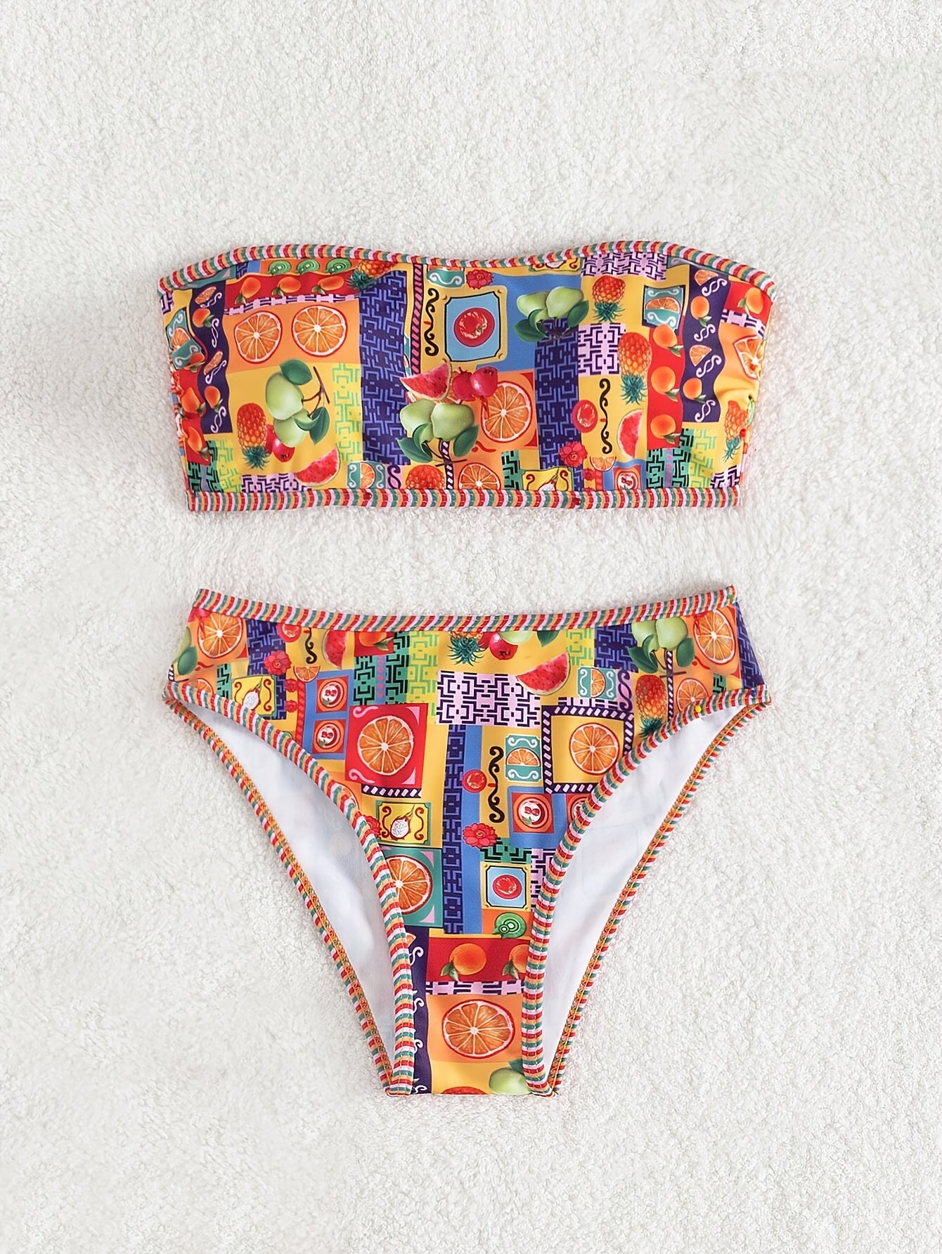 Vibrant Fruit Print High Cut Two-Piece Strapless Bikini Set - Fashionable Beachwear with Adjustable Straps, Padded Cups, and Ruffled Trim - Perfect Women's Summer Swimwear for Beach, Pool, or Vacation
