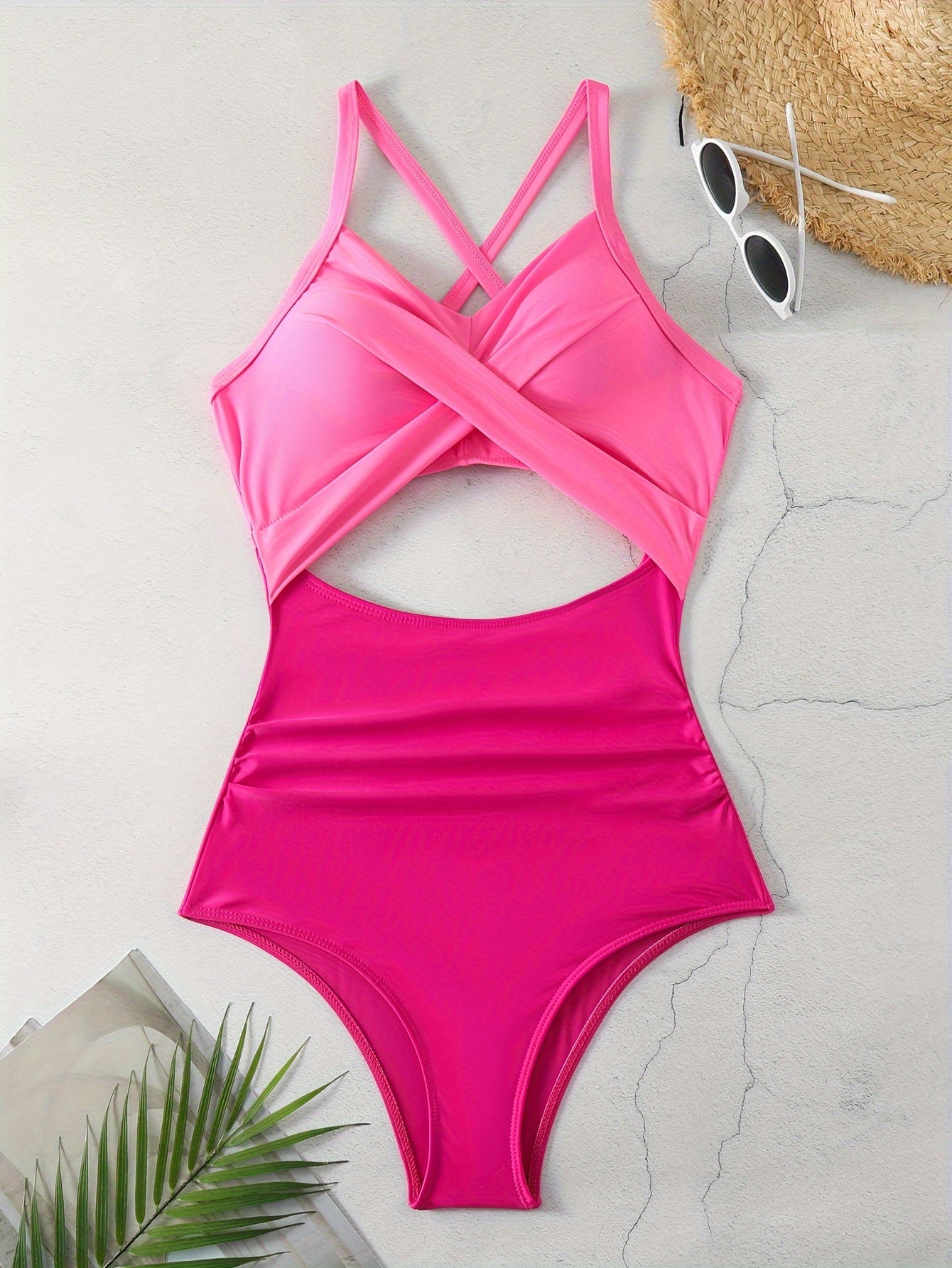Womens Flattering Color Block One-Piece Swimsuit - Layered Cutout, Adjustable Cross Tie Back, Ruched Tummy Control, Sexy Beachwear Style - Perfect for a Fashion-Forward Look