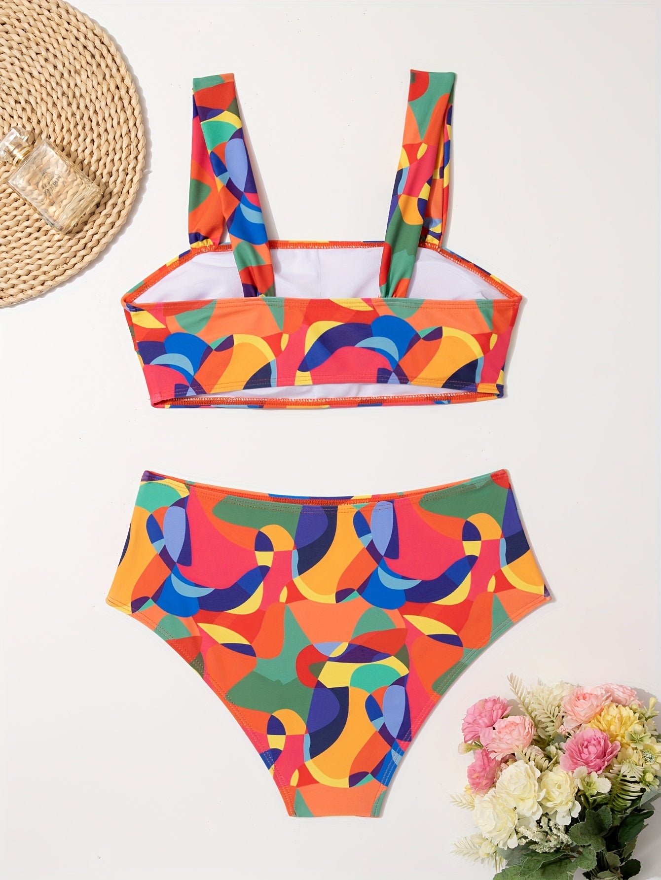 Women's High-Waisted Bikini Set, Colorful Color Block Abstract Print, Fashion Swimwear, Two-Piece Beachwear, Summer Poolside Outfit