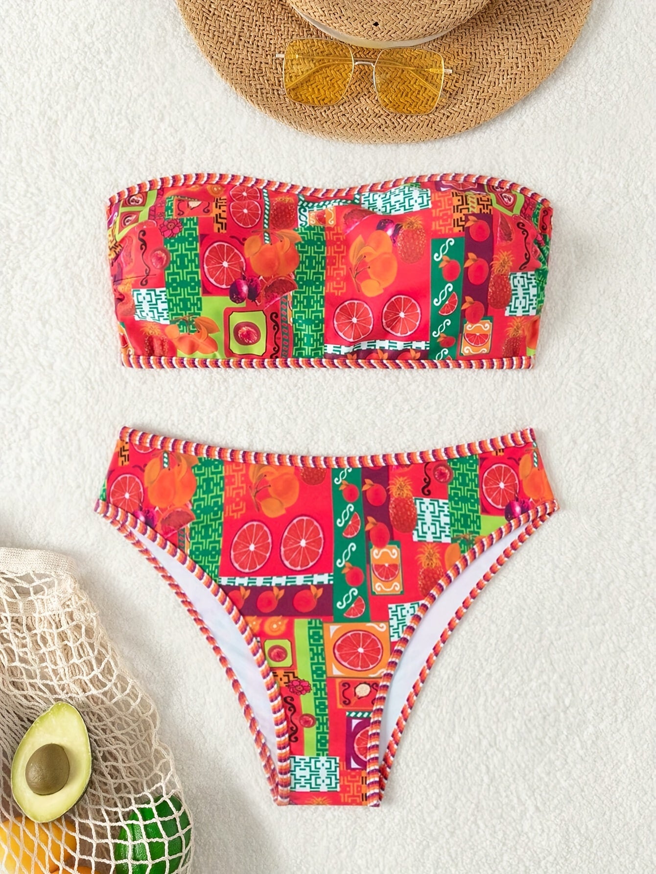 Vibrant Fruit Print High Cut Two-Piece Strapless Bikini Set - Fashionable Beachwear with Adjustable Straps, Padded Cups, and Ruffled Trim - Perfect Women's Summer Swimwear for Beach, Pool, or Vacation