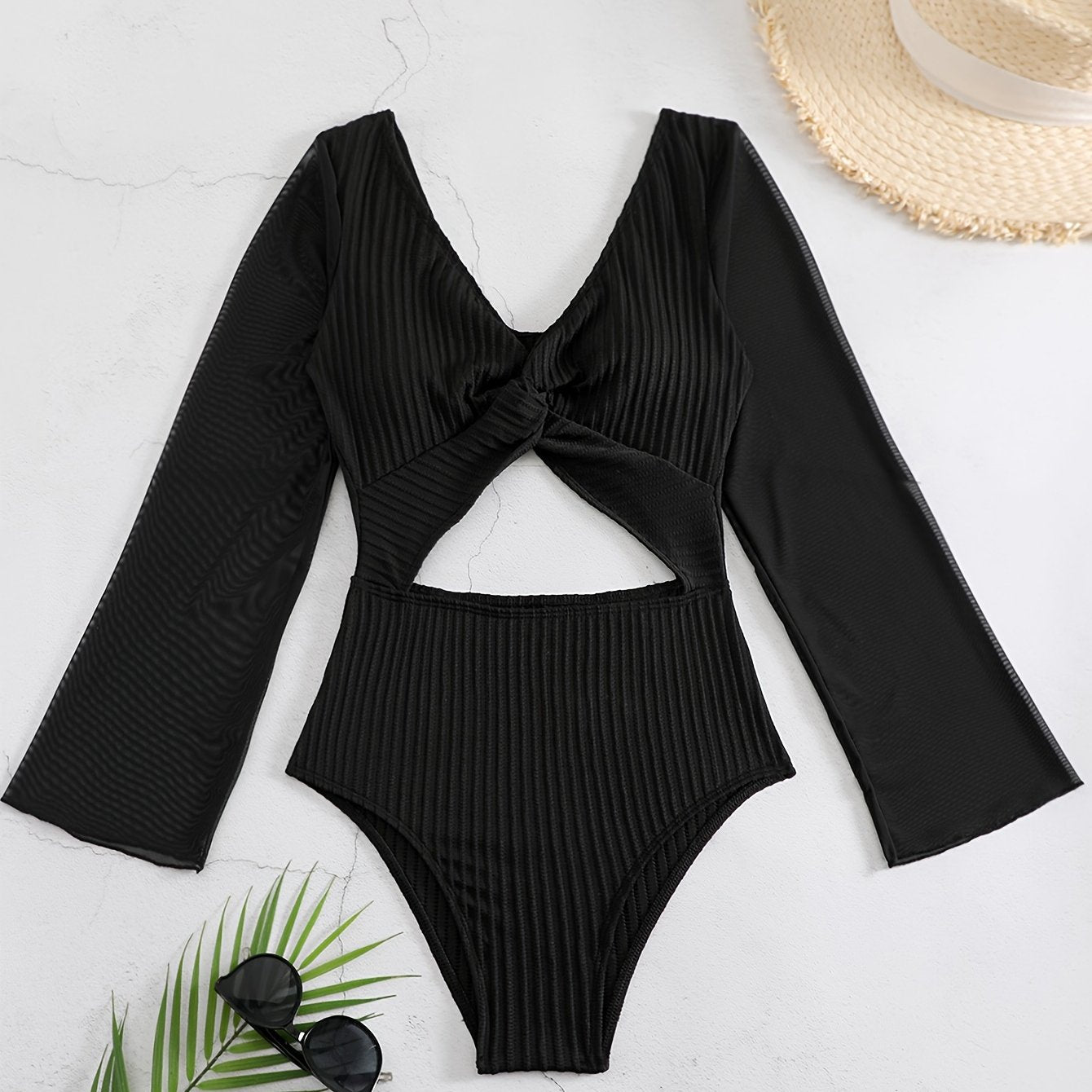 Women's Fashion One-piece Swimsuit, Casual Style, Long Sleeve, Cut-Out Detail, Ribbed Texture, Beachwear, Poolside Apparel