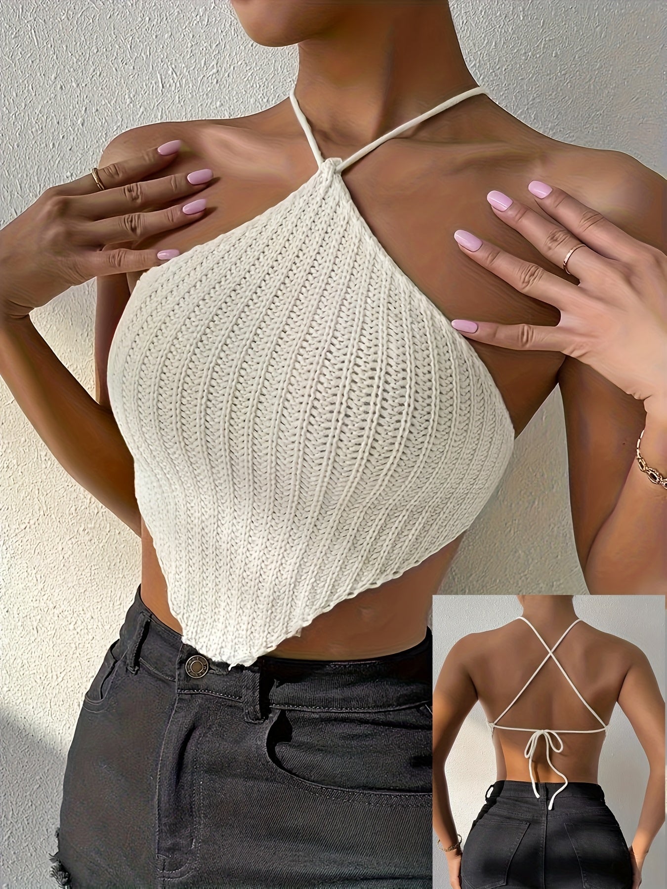 Women's Elegant Halter Neck Top - No Back Crossed Straps Solid Color Short Sleeve Beachwear, All-Season Versatile Casual & Formal Shirt, Beach Clothes, Soft Texture