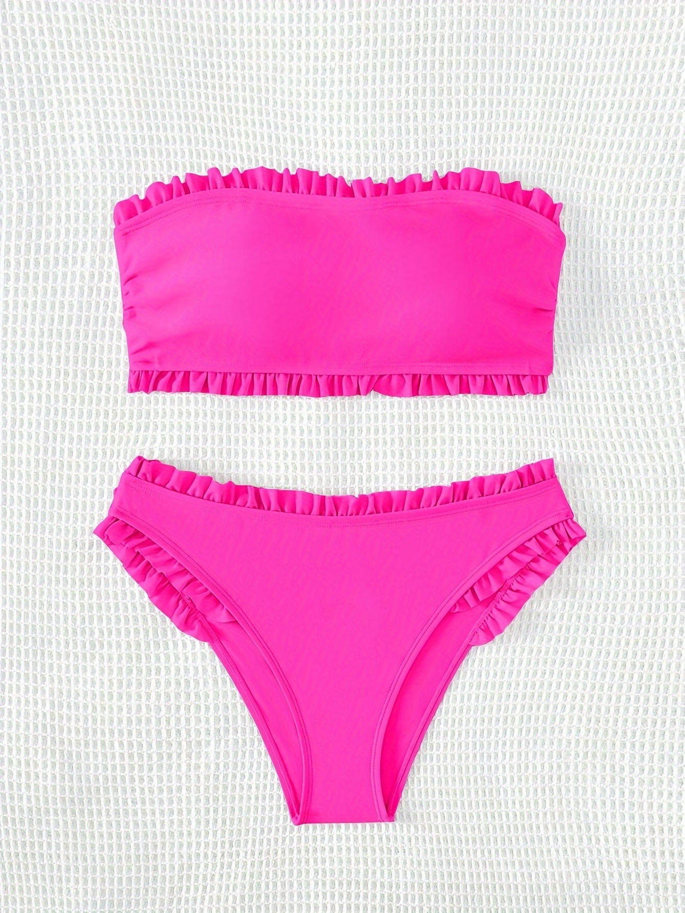 Women's Sexy Bandeau Frill Trim Bikini Set, High Cut, Fashion Swimwear, Beachwear, Vibrant Color, Off-Shoulder Design