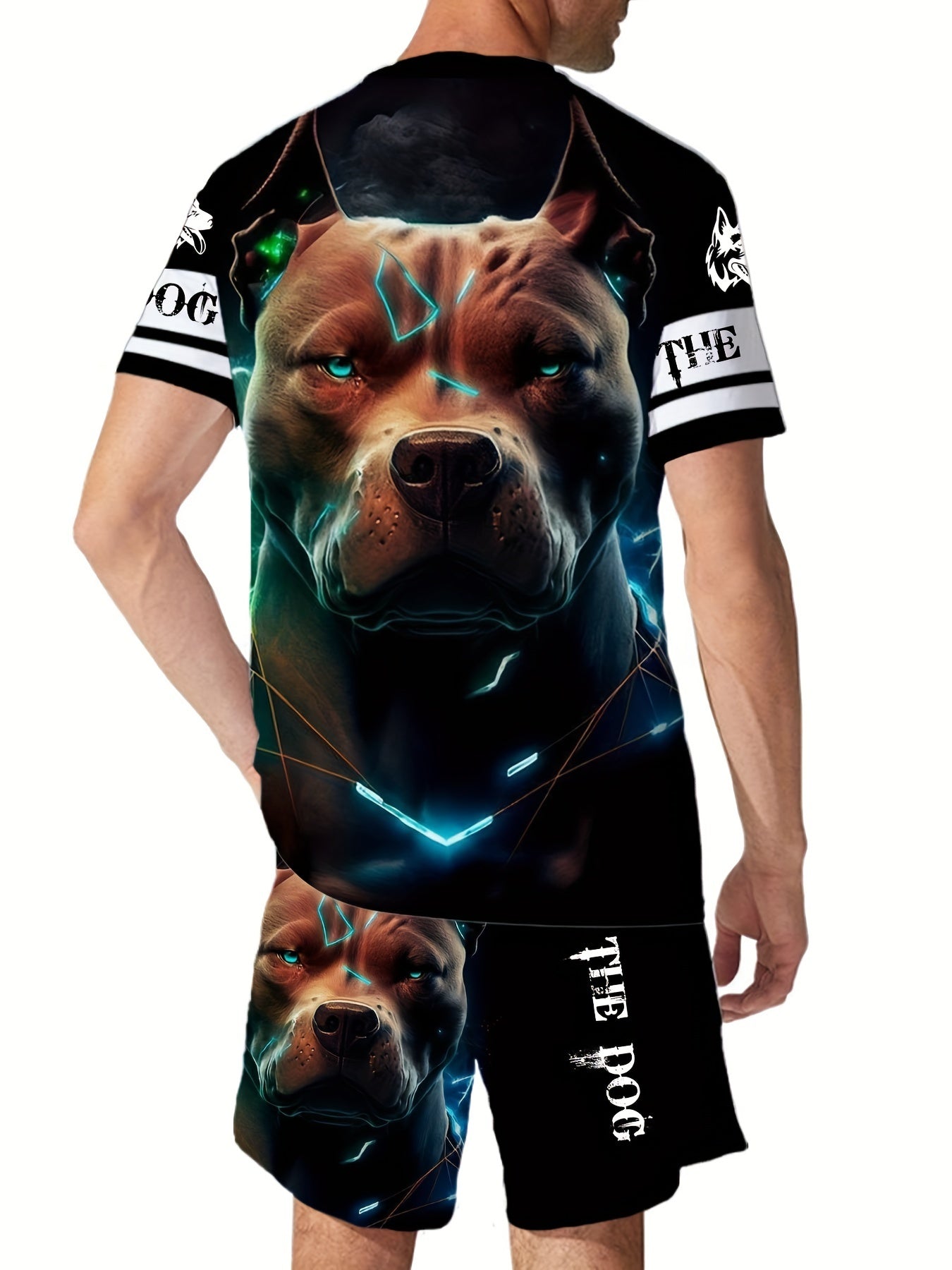 2pcs Novelty Dog 3D Print T-Shirt and Shorts Set for Men, Polyester Knit Fabric, Crew Neck, Slight Stretch, Regular Fit, Casual Sports Style, All-Season Beachwear, Festive & Weekend Outfit
