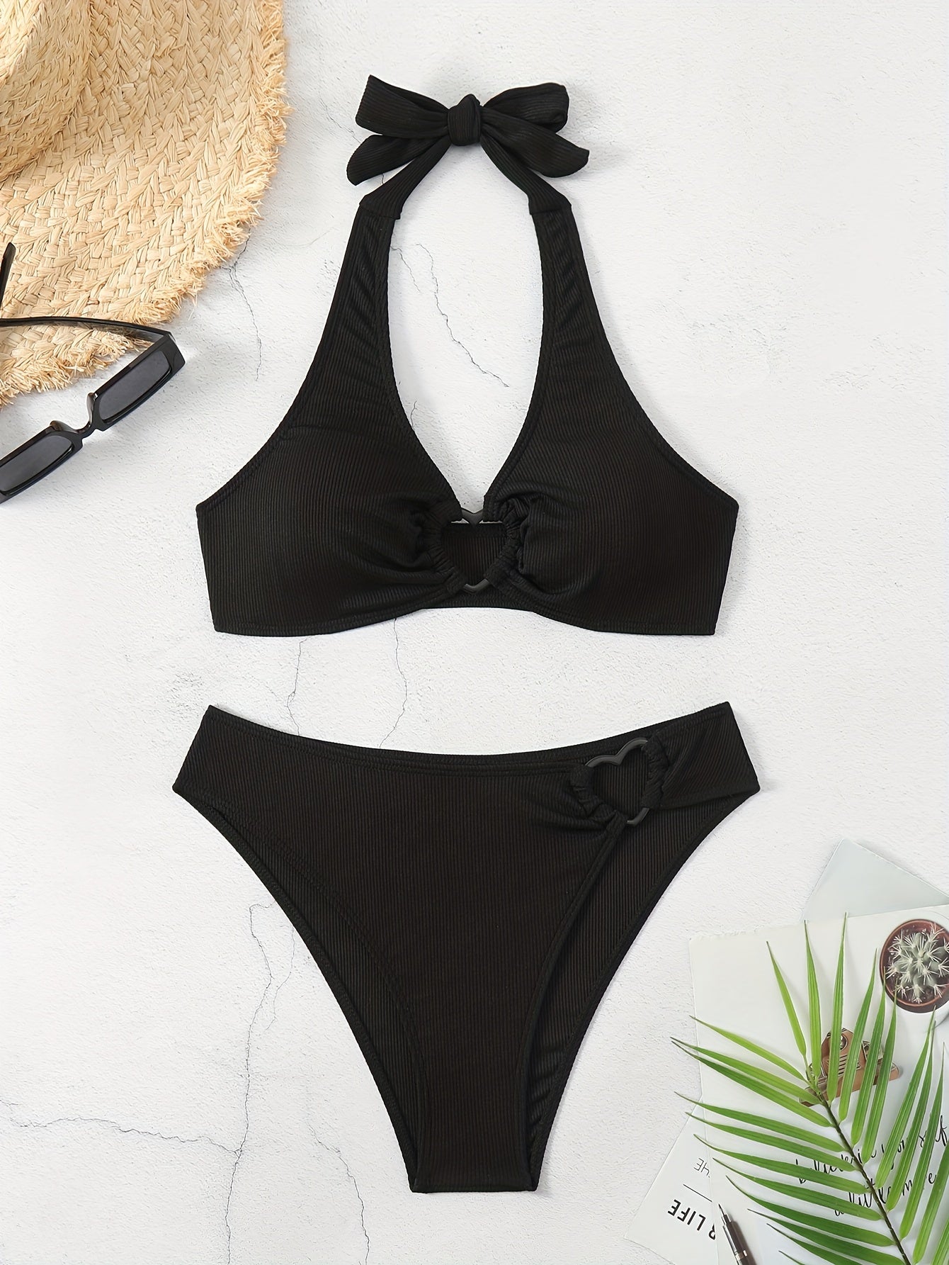 Women's Heart-Linked Two-Piece Ribbed Textured Bikini Set - Halter Top with Bow Tie, High Cut Bottoms, Beachwear, Swimwear, Summer Essentials, Vacation Must-Haves
