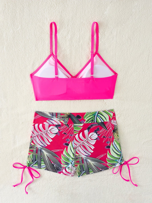 High-Waisted Adjustable Tie-Front Women's Bikini Set with Tropical Print Boyshort Bottoms, Beachwear Swimwear