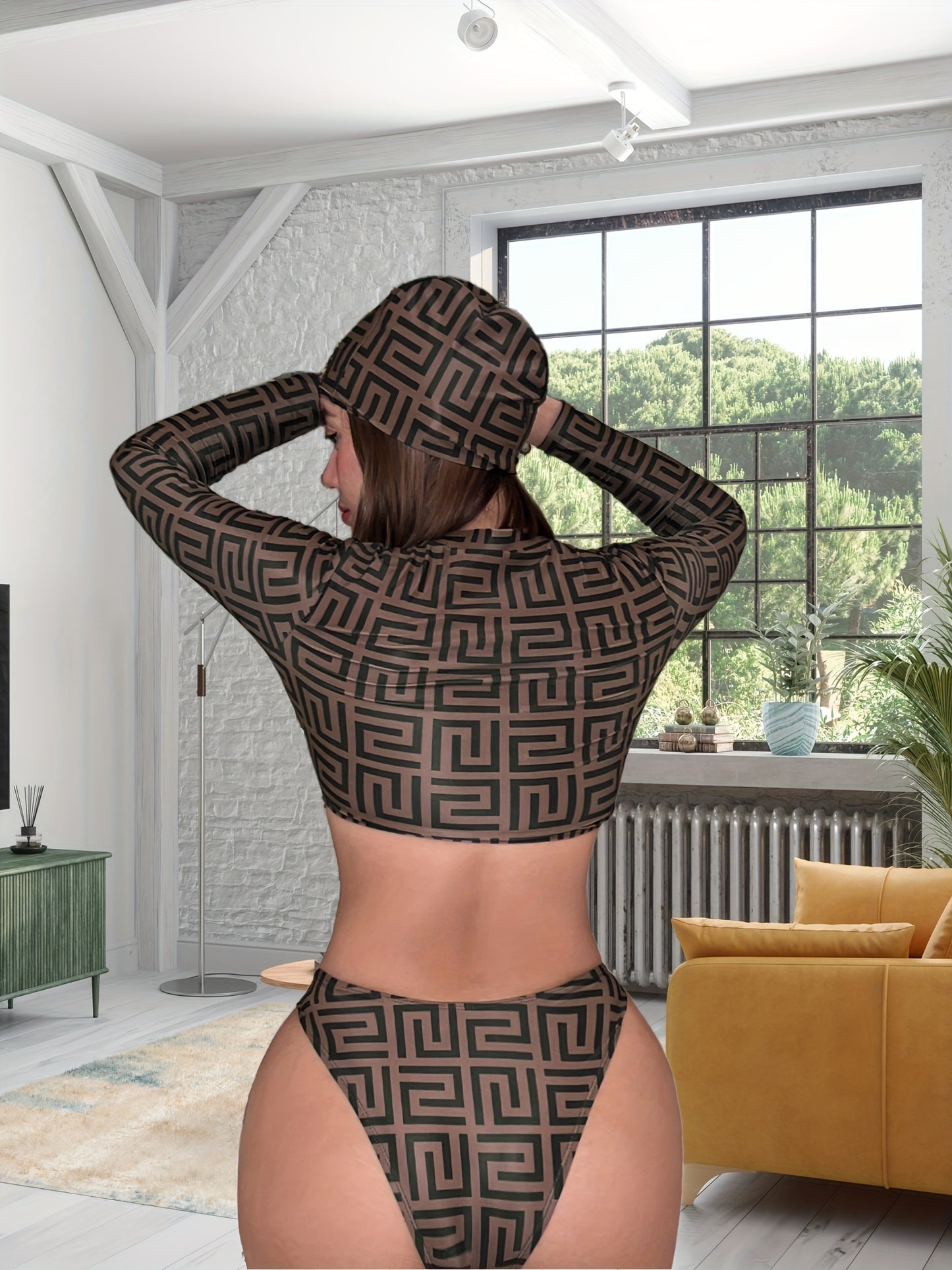 Women's Fashion Long Sleeve Sun Protection Beachwear Set, Geometric Pattern, Top & Bikini Bottoms, Zip Front Crop Top, Swimwear, Beachwear, Summer Essentials