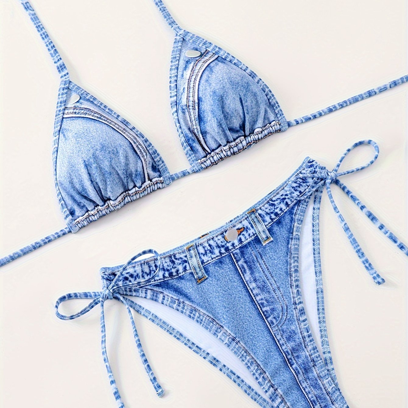 Chic Denim Print Bikini Set - 2 Piece Halter Swimsuit with High Waist Tie Sides - Flattering Womens Beachwear Ensemble