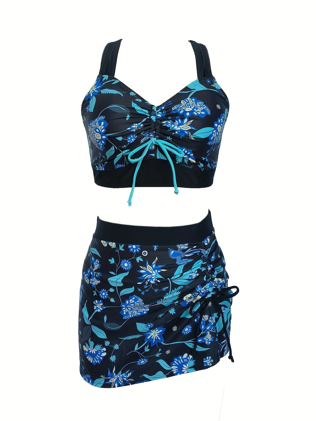 3-Piece Allure Bikini Set with High-Cut V-Neck & Ruched Detail - Includes Split Cover-Up Skirt for Beachwear & Poolside Fashion.