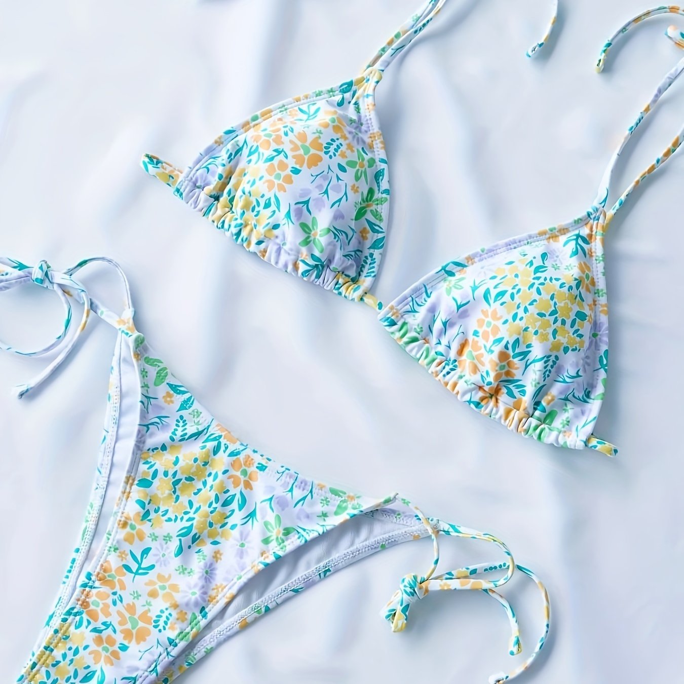 Women's Floral Bikini Set, Two-Piece Swimsuit With Tie Straps, Summer Beachwear, Adjustable Triangle Top, Low Rise Bottoms, Quick-dry Fabric, Poolside Essentials