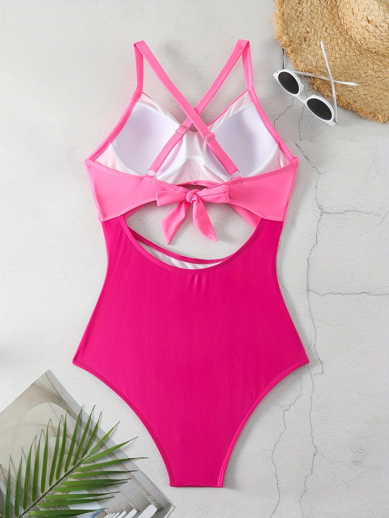 Womens Flattering Color Block One-Piece Swimsuit - Layered Cutout, Adjustable Cross Tie Back, Ruched Tummy Control, Sexy Beachwear Style - Perfect for a Fashion-Forward Look