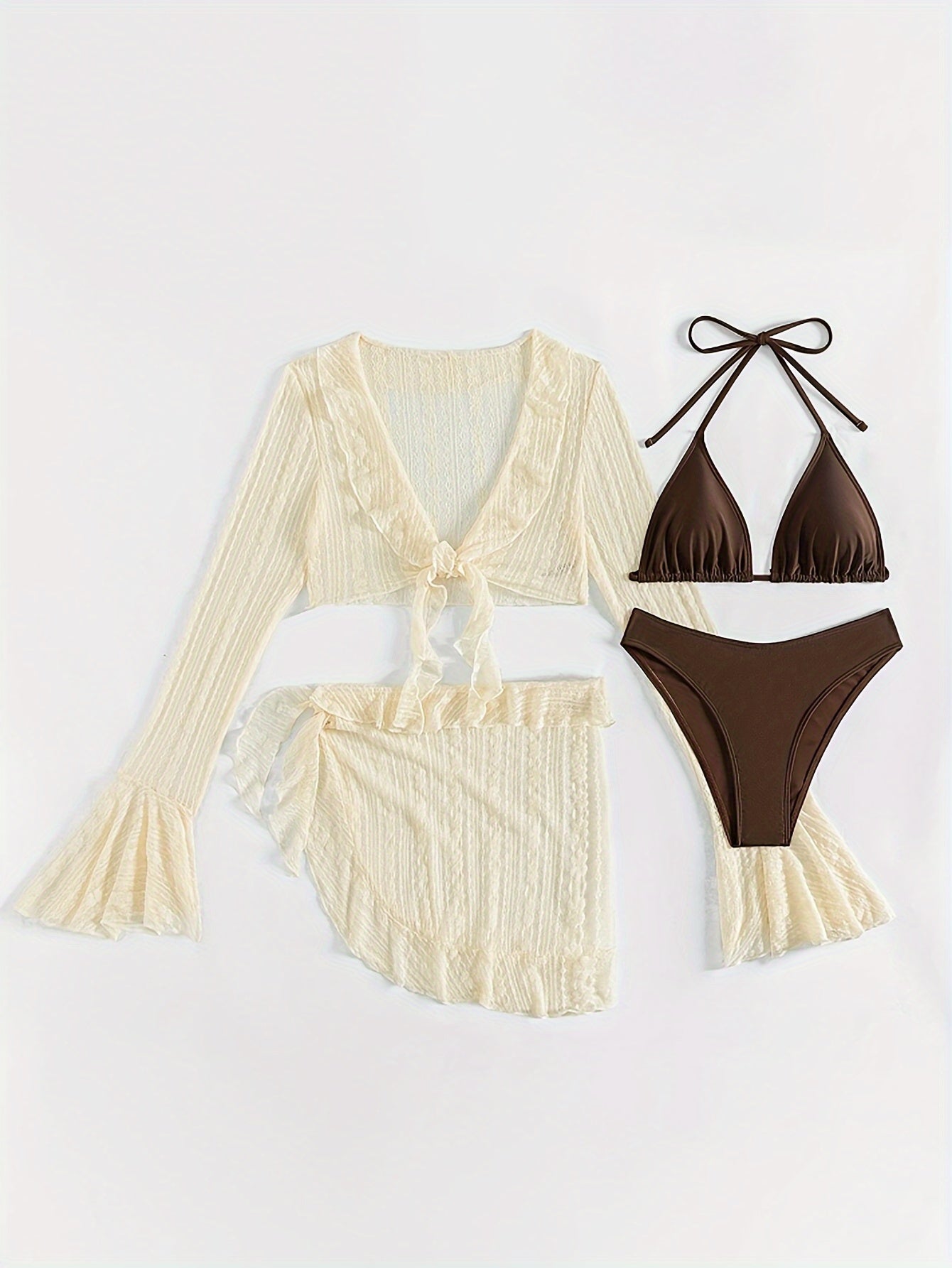 4-Piece Swimwear Set for Women - Stylish Lace Long Sleeve Crop Top with Chic Tie-Front, Flattering Solid Color Triangle Bikini, Flowy Wrap Mini Skirt, Perfect Beachwear for Summer Vacation, Pool Party, or Beach Trip