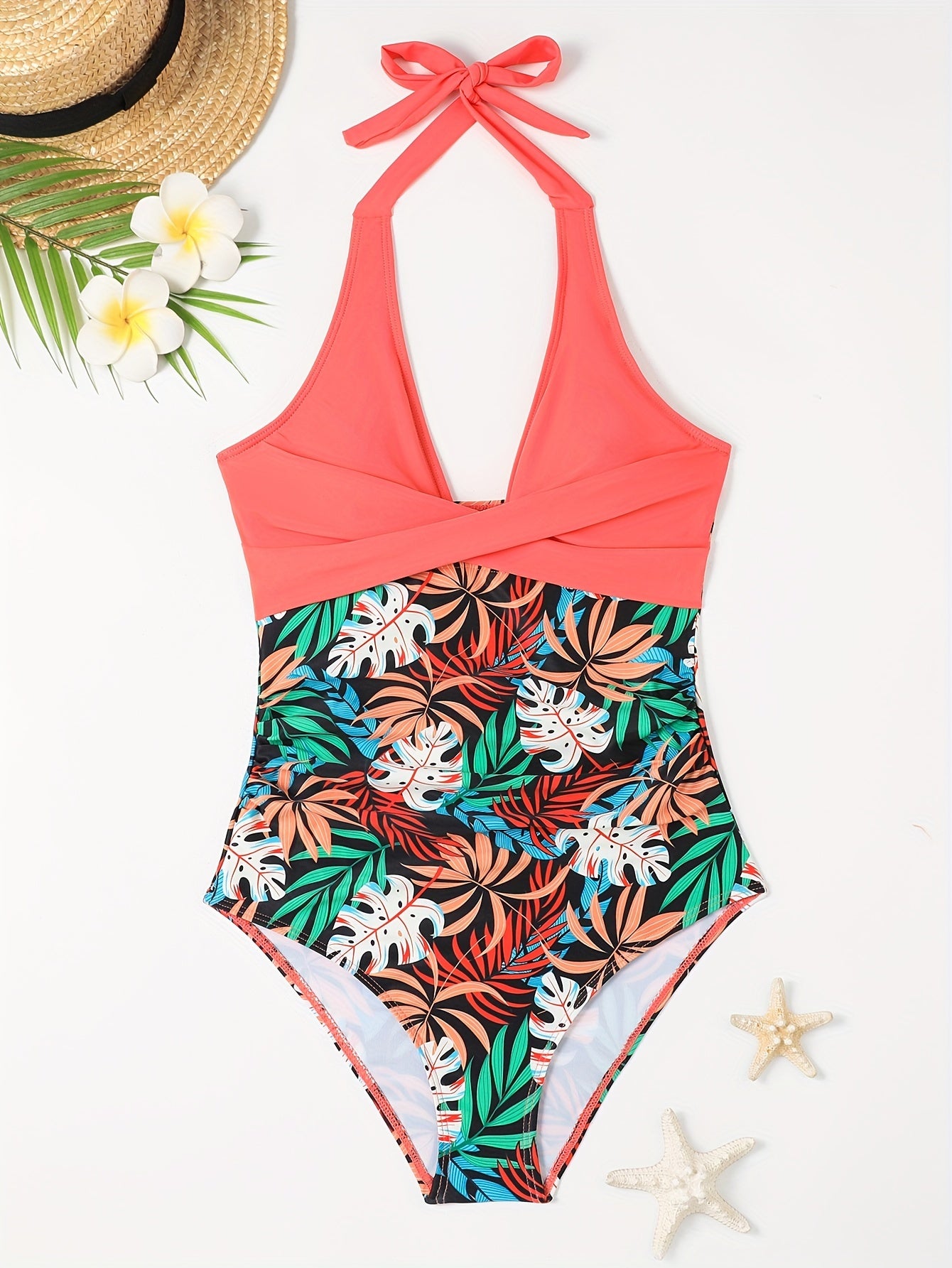 Chic High Cut One-Piece Swimsuit – Flattering Halter V-Neck Design, Tummy Control, Perfect for Beachwear & Poolside Fashion