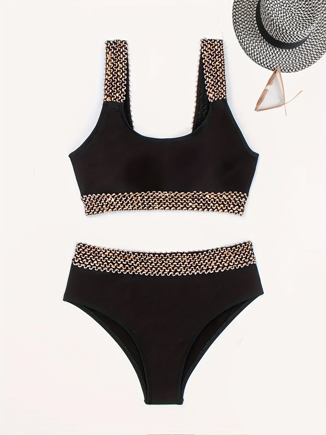 Two-Piece Bikini Set - Exquisitely Elegant, Trendy and Fashionable, Ultra-Sexy High-Waisted Swimwear with Dazzling Golden Band Accents - Perfect for Womens Summer Beach Vacations and Beachy Keen Beachwear