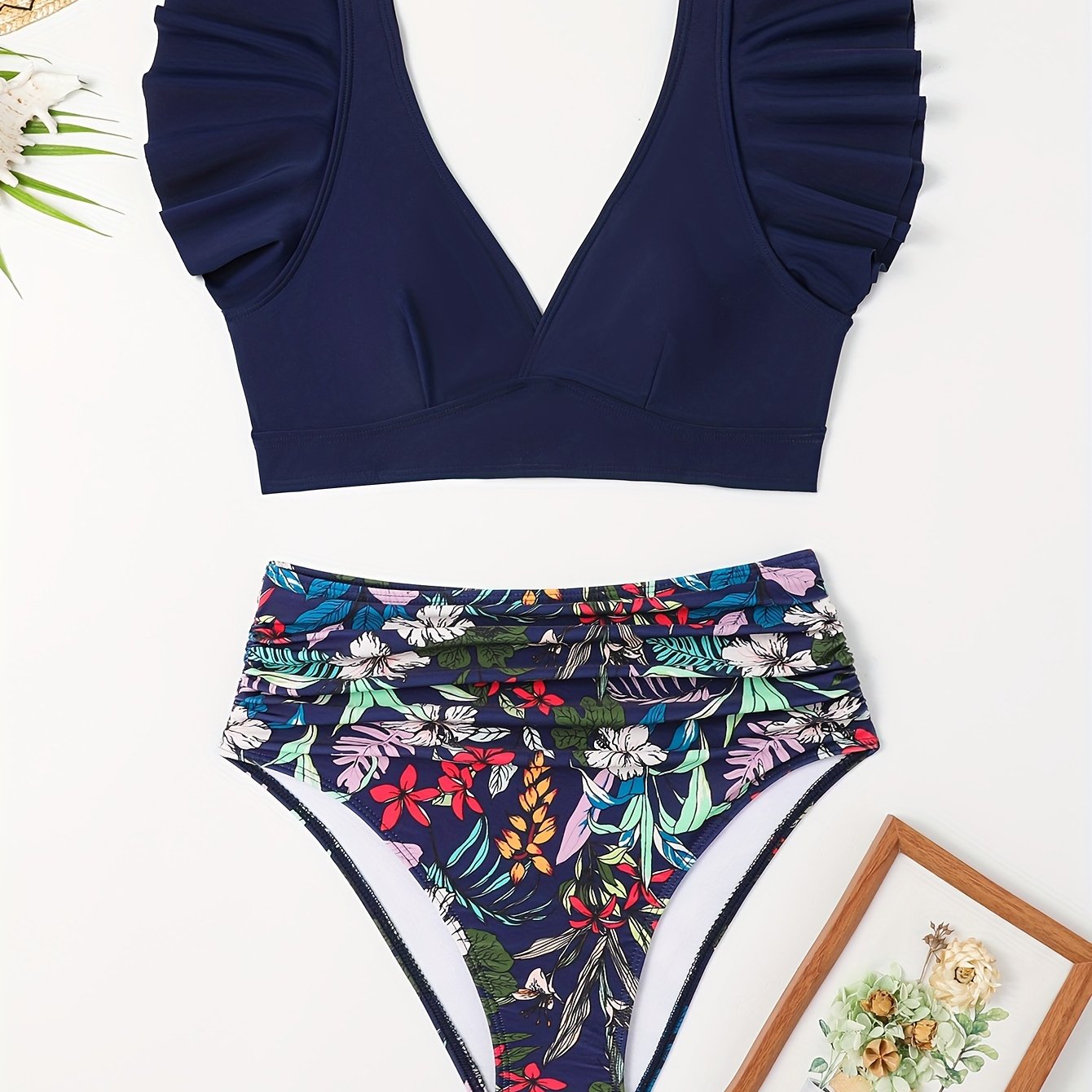 Women's Ruffled Bikini Set, Floral High-Waisted Floral Bottoms, Navy Blue Top, Beachwear, Swimwear, Fashionable Summer Poolside Outfit, Vacation Essentials