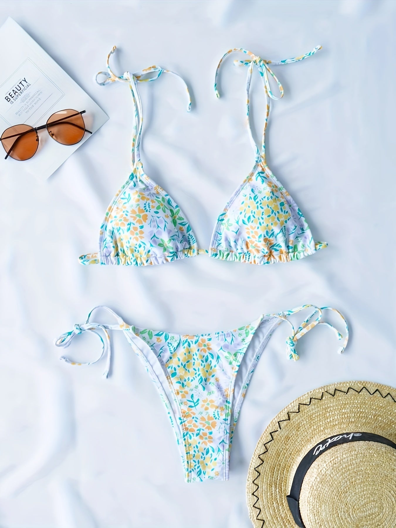 Women's Floral Bikini Set, Two-Piece Swimsuit With Tie Straps, Summer Beachwear, Adjustable Triangle Top, Low Rise Bottoms, Quick-dry Fabric, Poolside Essentials