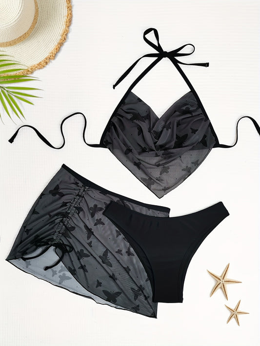 3 Piece Butterfly Print Bikini Set - Halter Neck, Hanky Hem, High Cut, Cover Up Skirt - Women's Swimwear, Beachwear, Summer Clothing, Vacation Essentials