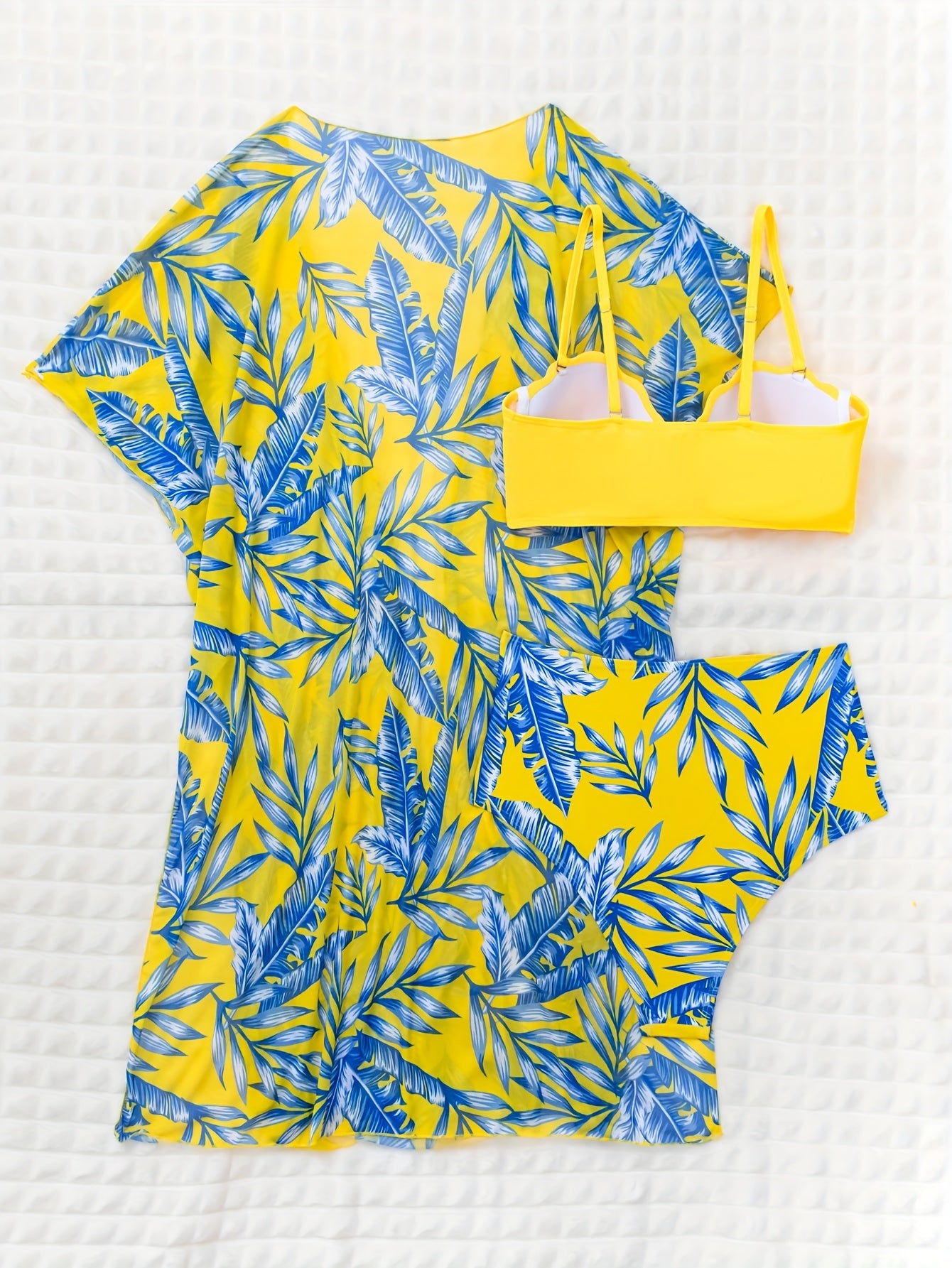 Chic Tropical Print 3-Piece Bikini Set - V-Neck High Waist Swimsuit with Fashionable Long Sleeve Cover Up Shirt - Womens Stylish Swimwear & Beachwear Collection