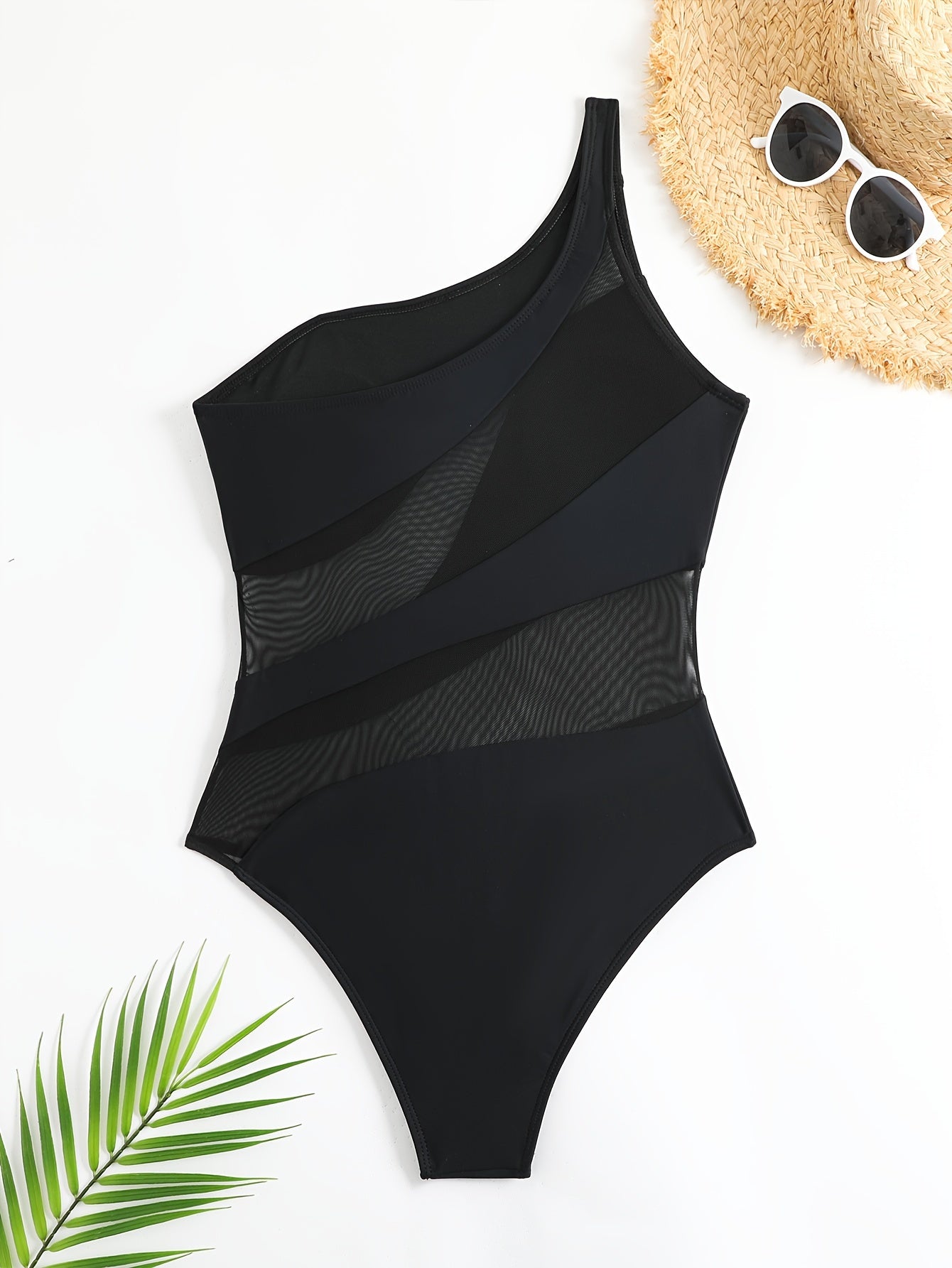 Sexy, Chic One-Shoulder Black One-Piece Swimsuit with Sheer Mesh Detail - Sexy, High-Stretch Nylon/Elastane Blend, Removable Pads, Machine Washable for Fashionable Beachwear, Summer Swimwear | Sexy Beachwear | High-Stretch Ma