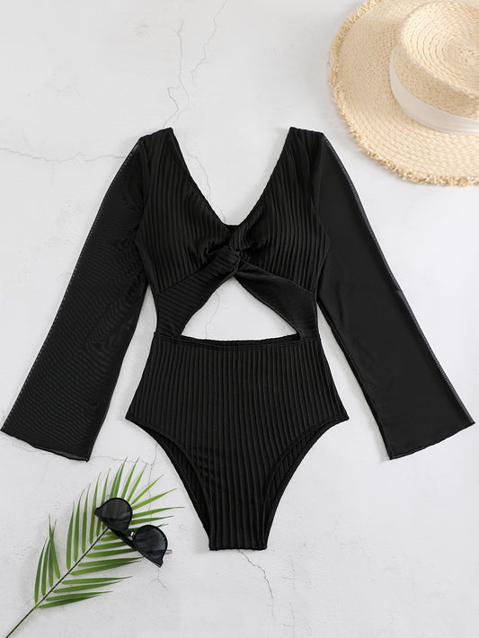 Women's Fashion One-piece Swimsuit, Casual Style, Long Sleeve, Cut-Out Detail, Ribbed Texture, Beachwear, Poolside Apparel
