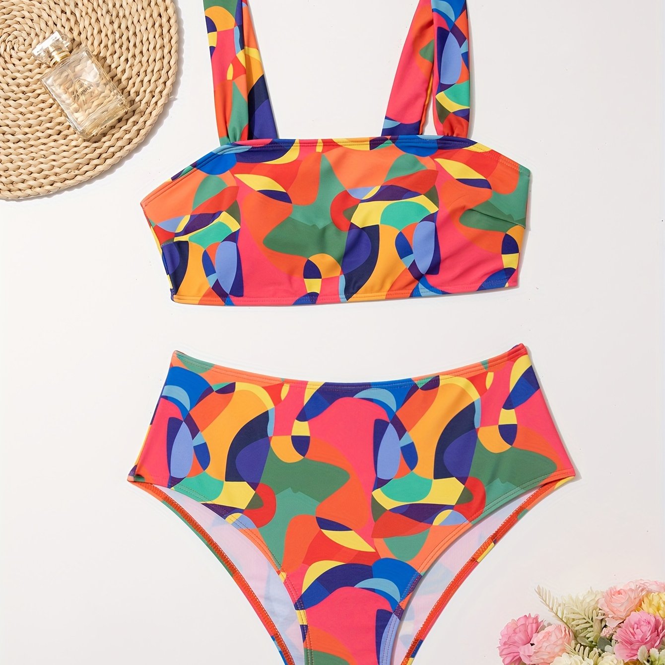 Women's High-Waisted Bikini Set, Colorful Color Block Abstract Print, Fashion Swimwear, Two-Piece Beachwear, Summer Poolside Outfit