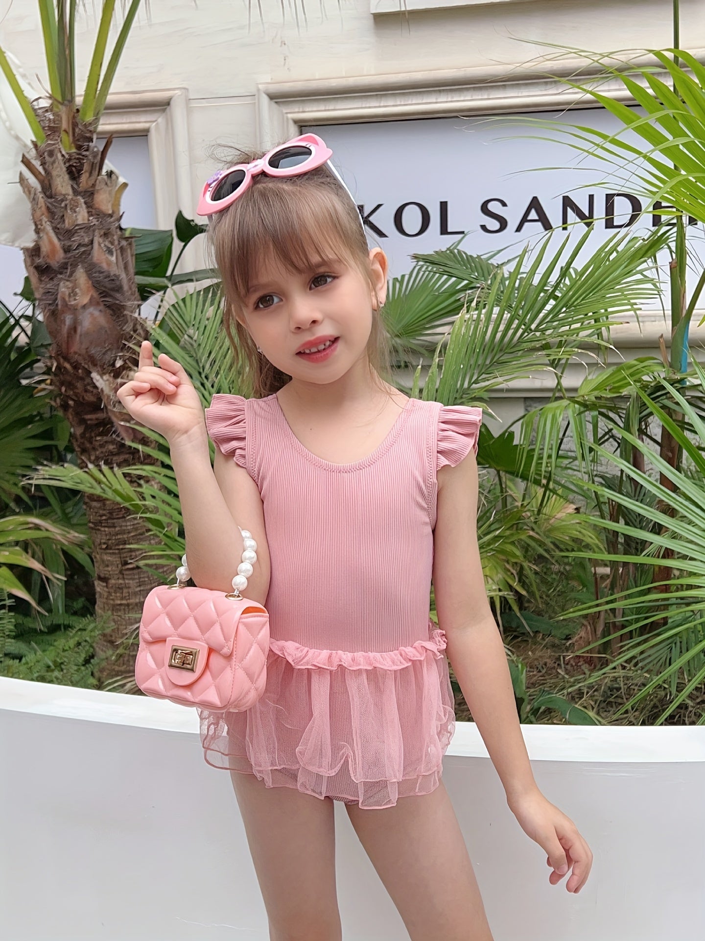 Cute Girls' Solid Swimsuit - Sleeveless Rib-knit Design, Ruffle Trim, Mesh Lace Skirts, Casual Beachwear for Holiday