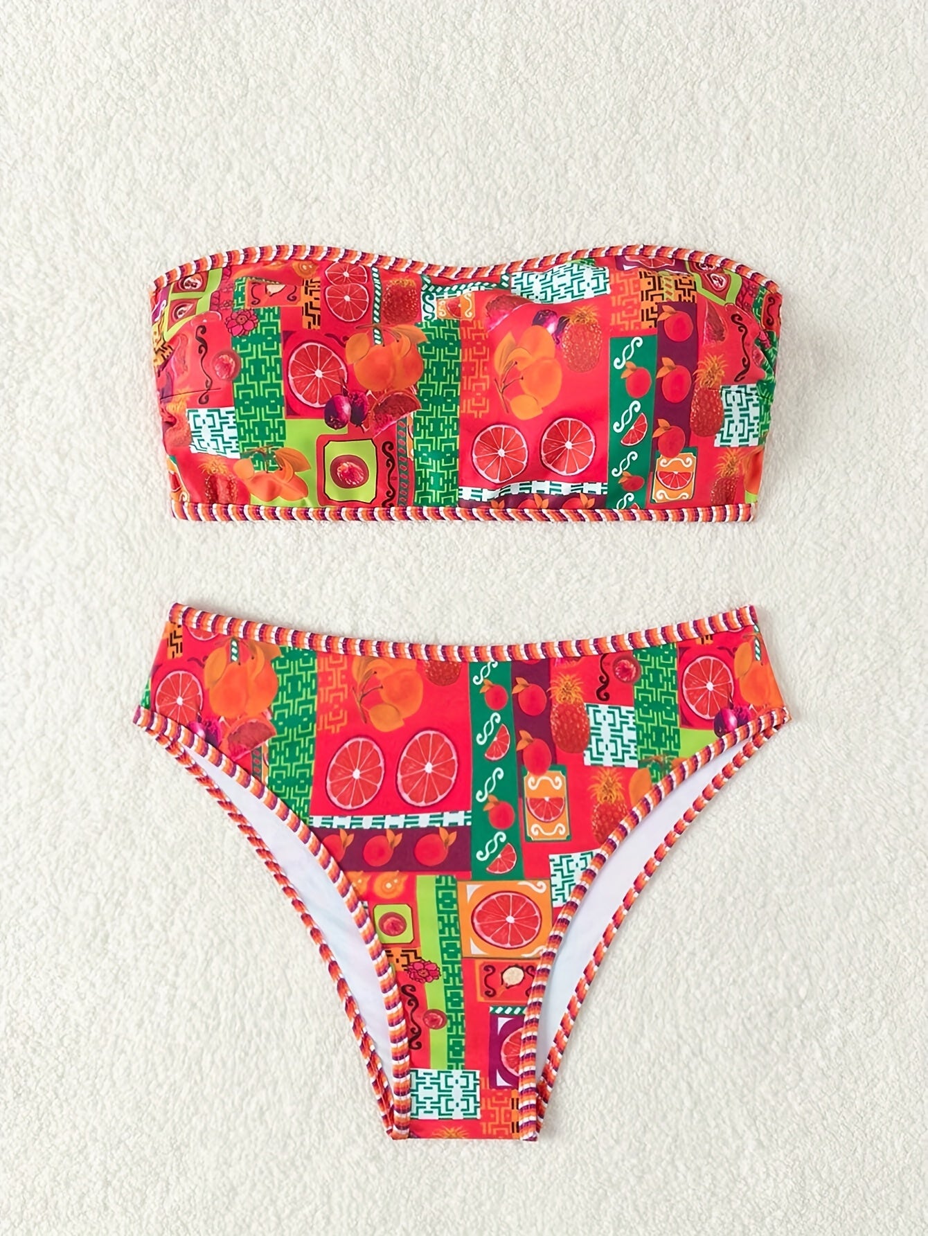 Vibrant Fruit Print High Cut Two-Piece Strapless Bikini Set - Fashionable Beachwear with Adjustable Straps, Padded Cups, and Ruffled Trim - Perfect Women's Summer Swimwear for Beach, Pool, or Vacation