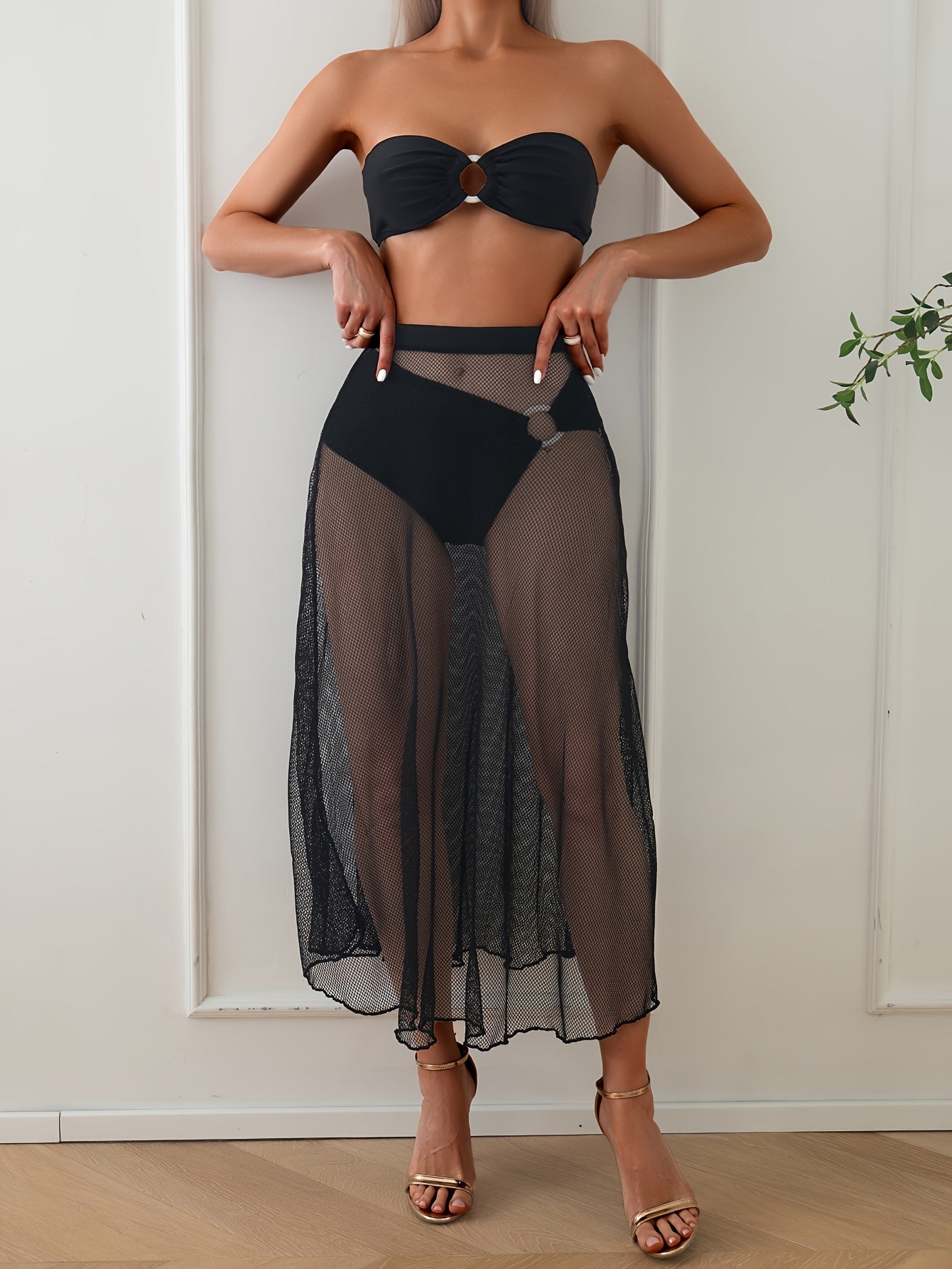 Women's 3-Piece Bikini Set, Solid Color Sexy Swimwear With Sheer Mesh Pleated Skirt Cover-Up, Beachwear Bandeau Top With High Cut Panty