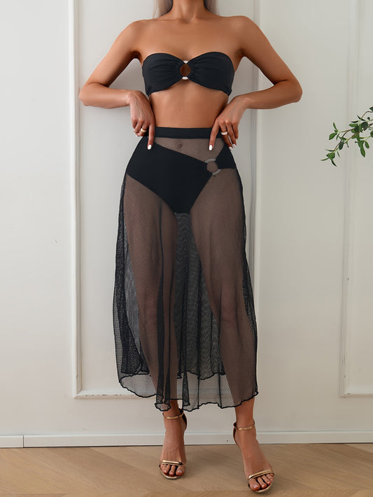 Women's 3-Piece Bikini Set, Solid Color Sexy Swimwear With Sheer Mesh Pleated Skirt Cover-Up, Beachwear Bandeau Top With High Cut Panty