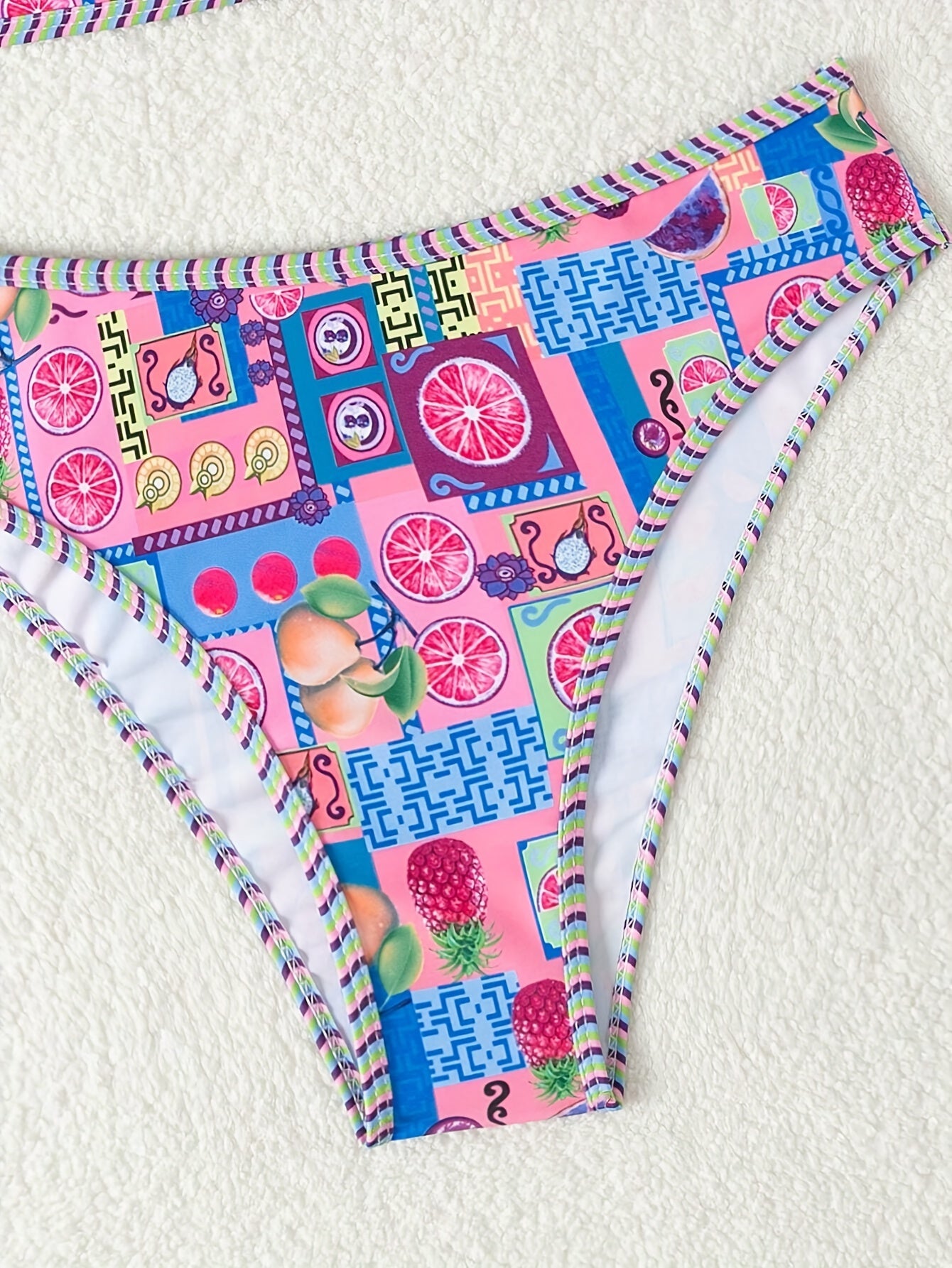 Vibrant Fruit Print High Cut Two-Piece Strapless Bikini Set - Fashionable Beachwear with Adjustable Straps, Padded Cups, and Ruffled Trim - Perfect Women's Summer Swimwear for Beach, Pool, or Vacation